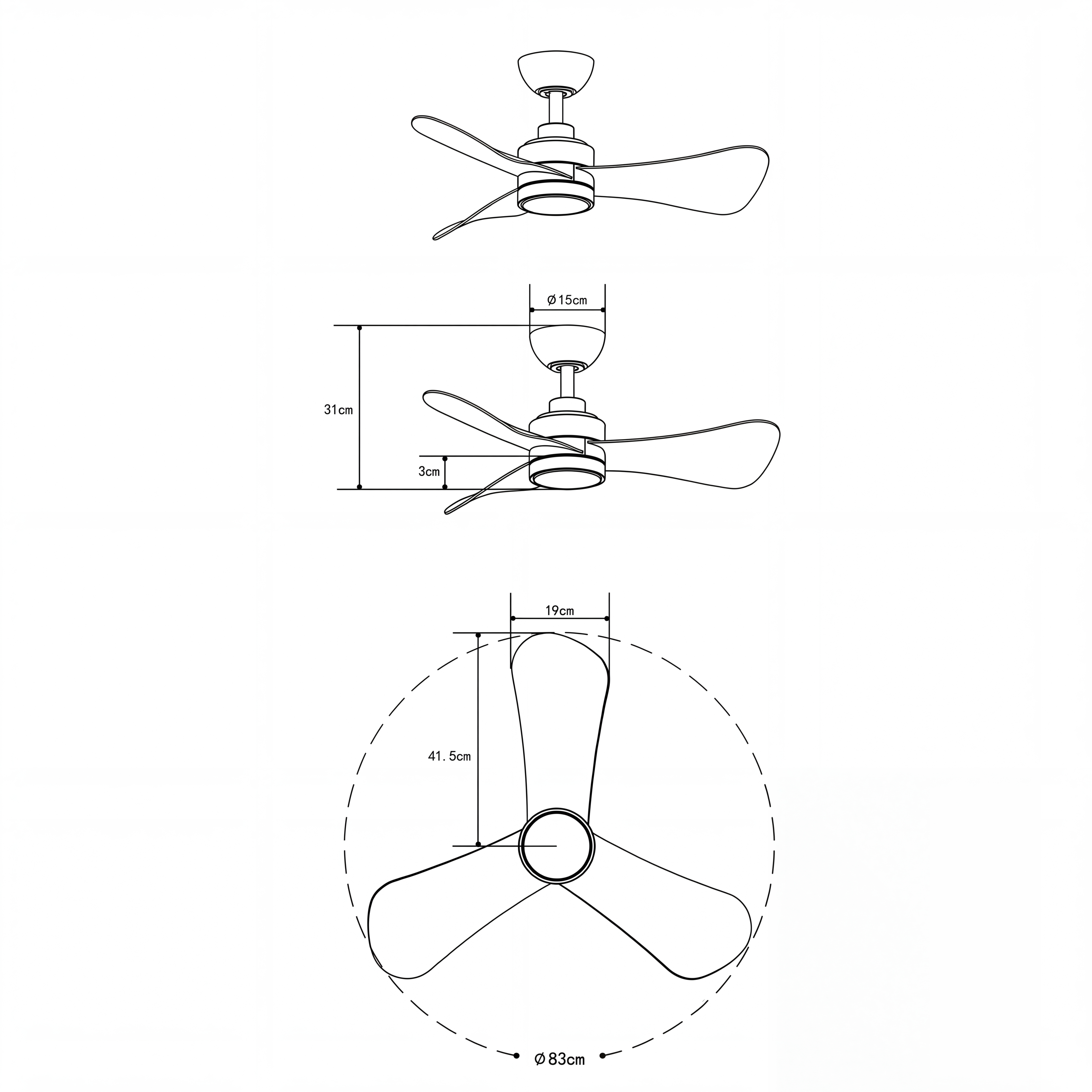 Turqueta Ventilateur de plafond 83 cm (<8 m²) – 3 Pales en ABS avec Lumière LED, Compact